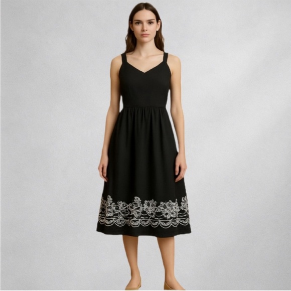 LOFT Dresses & Skirts - Ann Taylor Loft Black Midi Dress With White Embroidery